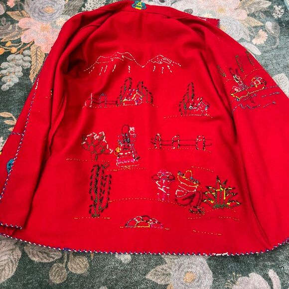 Vintage Handmade Tourist Jacket Womens Medium Red Embroidered Mexican Folk Art - Picture 6 of 13